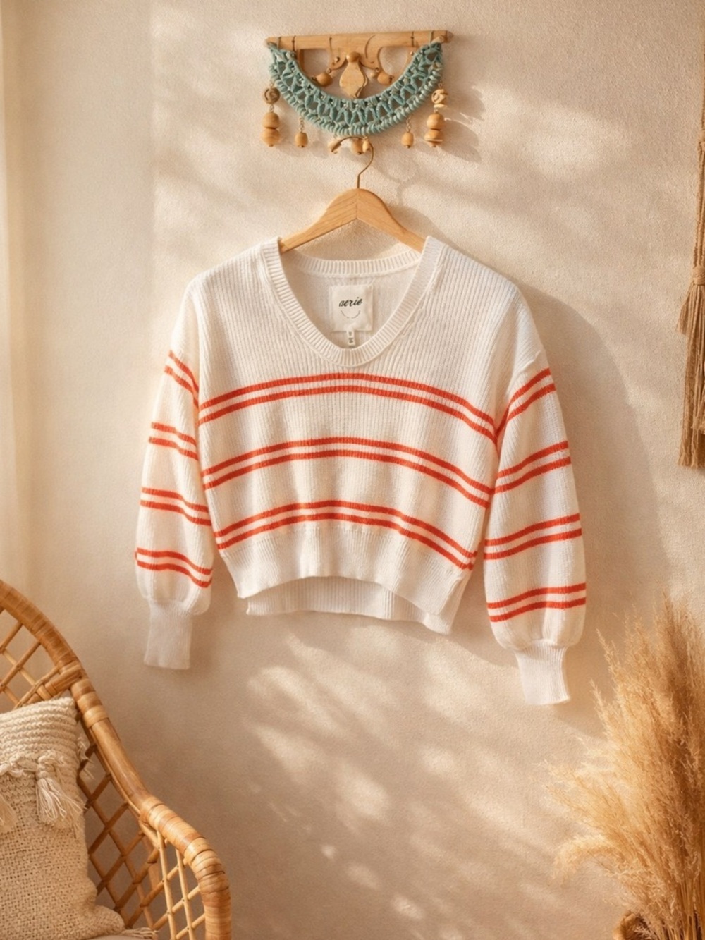 Aerie Cropped Striped Knit Sweater White Red Size XXS